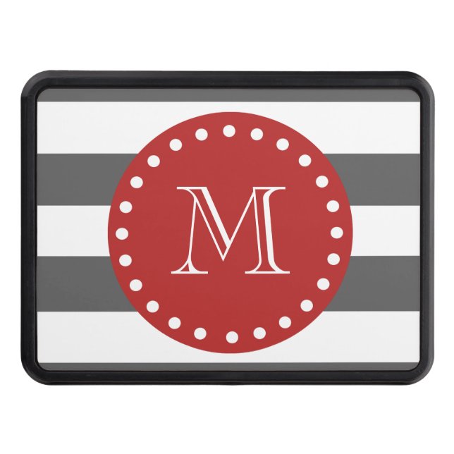 Charcoal Gray White Stripes Pattern, Red Monogram Hitch Cover (Front)