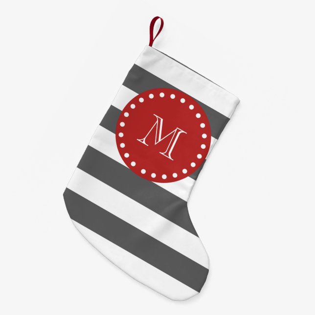 Charcoal Gray White Stripes Pattern, Red Monogram Small Christmas Stocking (Front (Hanging))