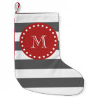 Charcoal Gray White Stripes Pattern, Red Monogram
