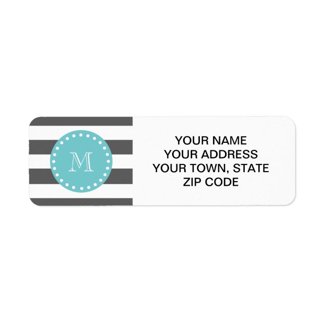 Charcoal Gray White Stripes Pattern, Teal Monogram Label (Front)