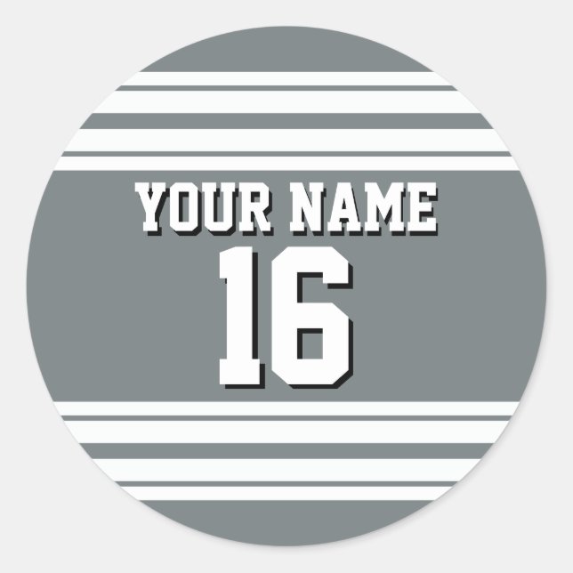 Charcoal Gray White Team Jersey Custom Number Name Classic Round Sticker (Front)