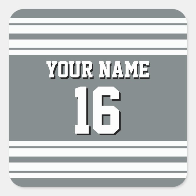 Charcoal Gray White Team Jersey Custom Number Name Square Sticker (Front)