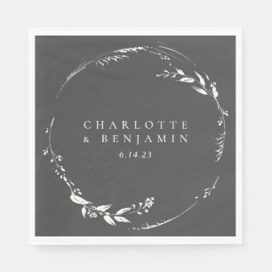 Charcoal Gray White Wreath Botanical Couple Names Napkins