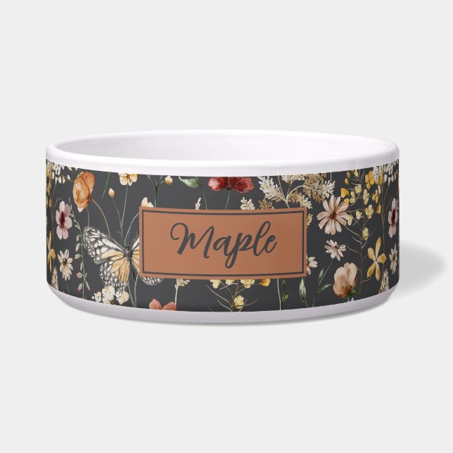 Charcoal Gray Wildflower Personalized Pet Bowl (Front)