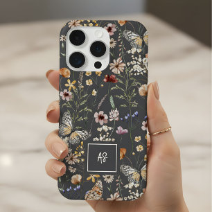Charcoal Gray Wildflowers Floral Monogrammed iPhone 15 Pro Case