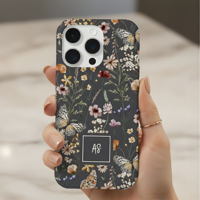 Charcoal Gray Wildflowers Floral Monogrammed iPhone Case (Creator Uploaded)