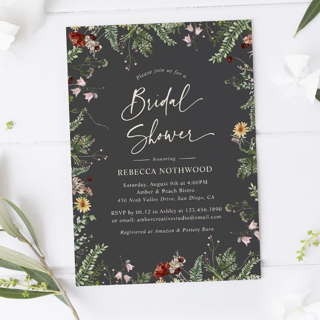 Charcoal Gray Wildflowers Greenery Bridal Shower Invitation (Creator Uploaded)