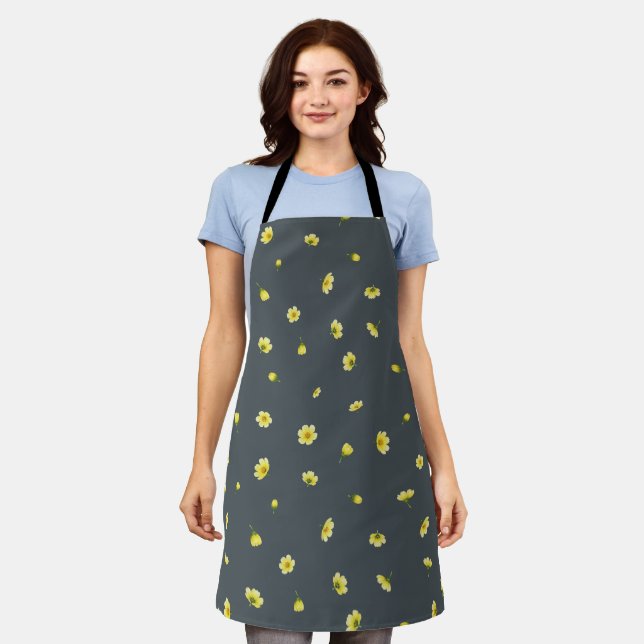 Charcoal Gray Winter Cosmos Floral Pattern Apron (Worn)