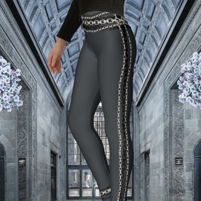 Charcoal Gray With Black & Silver Chain Trim Leggings (Creator Uploaded)