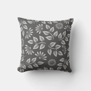 Charcoal Gray with White Leaves Patio Outdoor Pillow