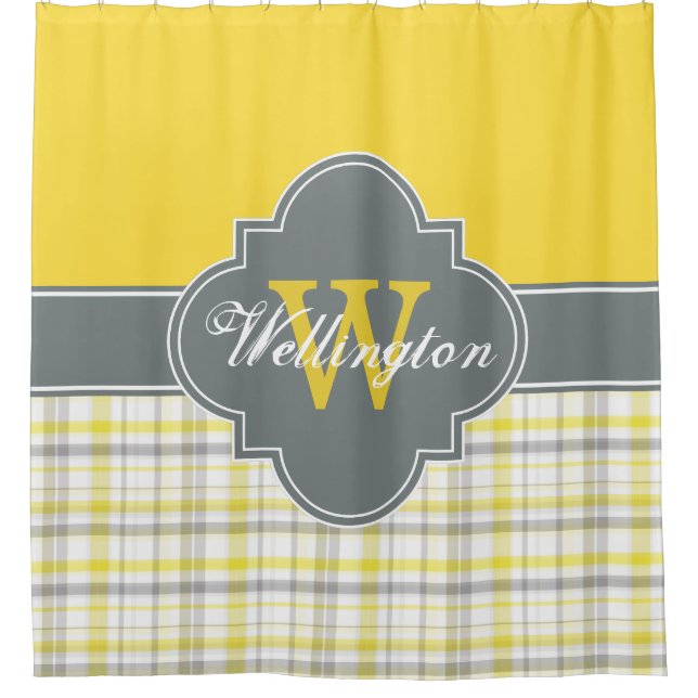 Charcoal Gray Yellow Madras Plaid 1ICB Ribbon Name Shower Curtain (Front)