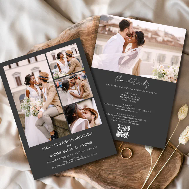 Charcoal Grey All In One QR Code Photo Wedding Invitation | Zazzle
