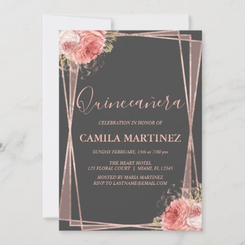 Charcoal Grey and Rose Gold Quinceanera Party Invitation