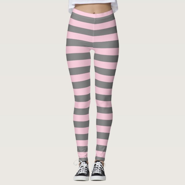 Charcoal Grey and Soft Pink Stripes Leggings (Front)
