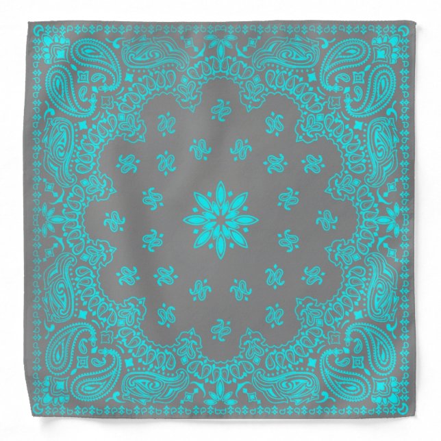 charcoal grey aqua blue paisley pattern bandana (Front)