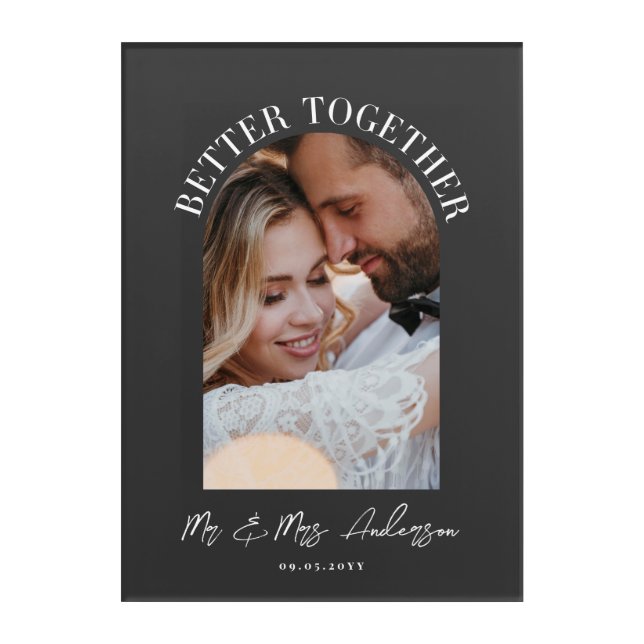 Charcoal grey arch photo wedding announcement gift acrylic print (Front)