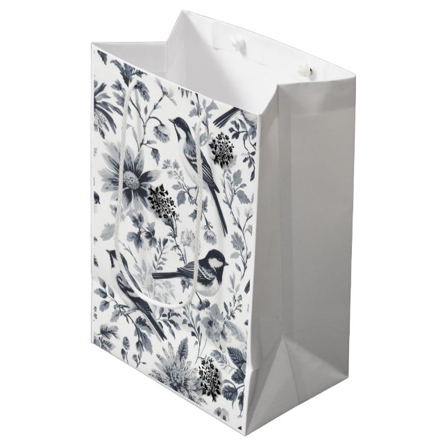 Charcoal Grey Bird Toile Gift Bag (Front Angled)
