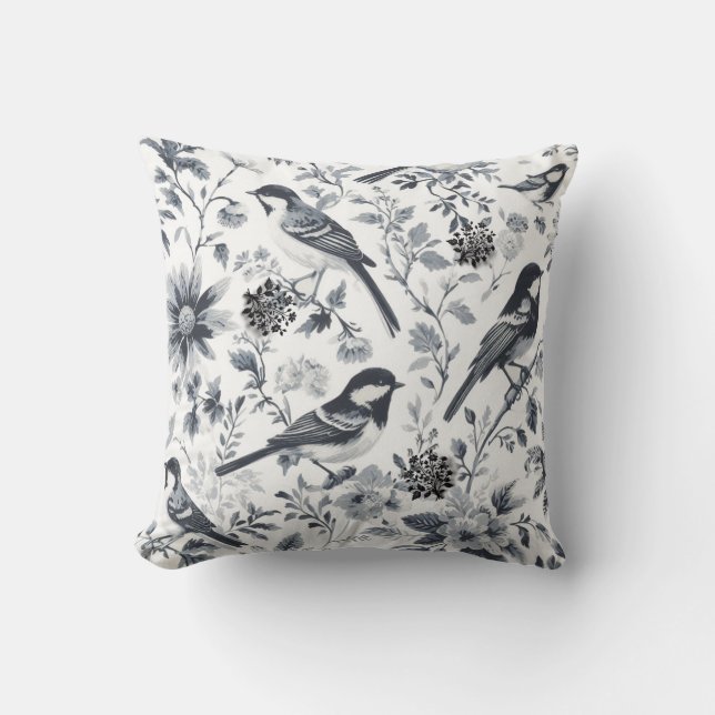Charcoal Grey Bird Toile  Throw Pillow (Front)