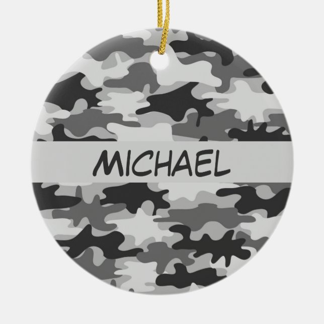 Charcoal Grey Camo Camouflage Name Personalized Ceramic Ornament (Front)