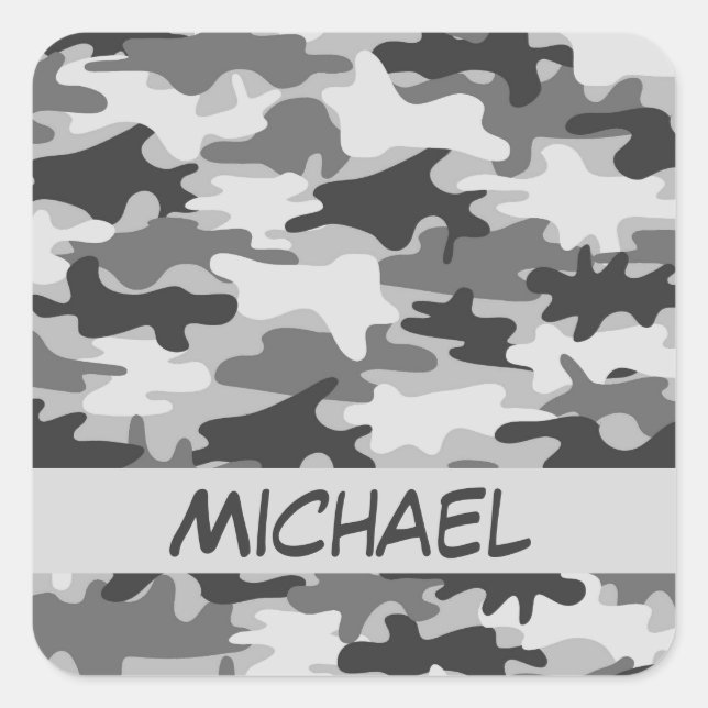 Charcoal Grey Camo Camouflage Name Personalized Square Sticker (Front)