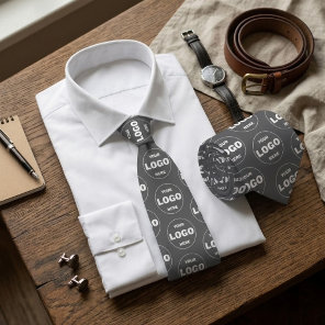 Charcoal Grey Custom Logo Repeat Pattern Neck Tie
