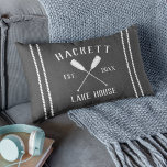 Charcoal Grey Family Name Lake House Oars Lumbar Pillow<br><div class="desc">Perfect for your lakeside abode,  this rich charcoal gray throw pillow features your family name and "lake house" or other house type,  in white lettering. A pair of oars appears in the center with your year established alongside,  flanked by rope stripe accents for a rustic nautical look.</div>