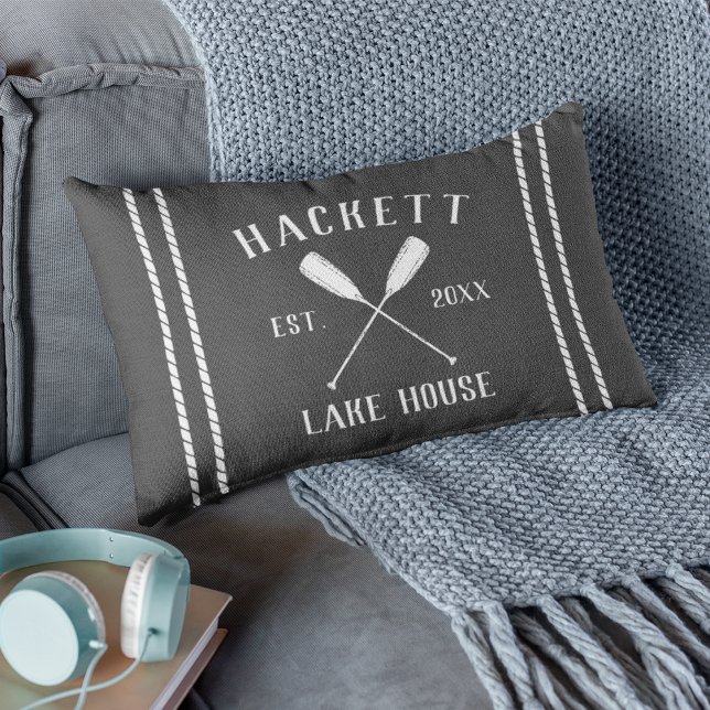 Charcoal Grey Family Name Lake House Oars Lumbar Pillow (Creator Uploaded)