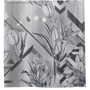 Charcoal Grey Floral Engraving and Zigzag Shower Curtain