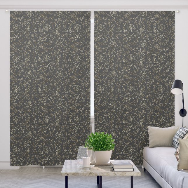Charcoal grey gold abstract wildflower floral blackout curtains (Living Room)