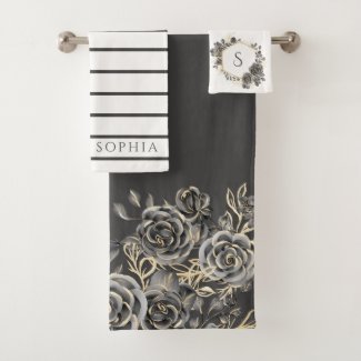 Charcoal Grey Gold Black Rose Floral Monogram Name