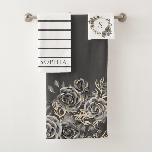 Charcoal Grey Gold Black Rose Floral Monogram Name Bath Towel Set
