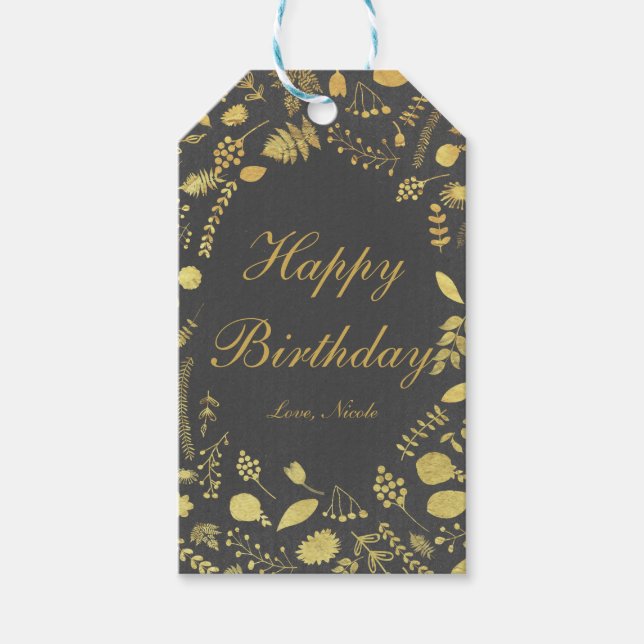 Charcoal Grey & Gold Floral Wedding Gift Tag (Front)
