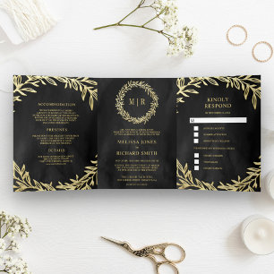 Charcoal Grey Gold Leaf Branch All in One Wedding Tri-Fold Invitation