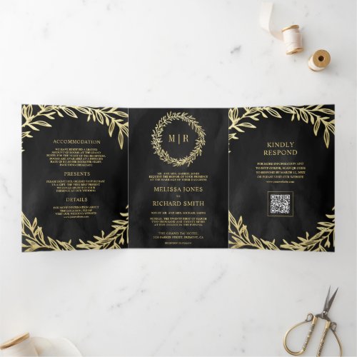 Charcoal Grey Gold Leaf Branch QR Code Wedding Tri-Fold Invitation