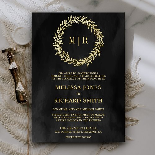 Charcoal Grey Gold Leaf Wreath Monogram Wedding Invitation