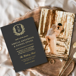 Charcoal Grey Gold Leafy Crest Photo Wedding  Foil Invitation
