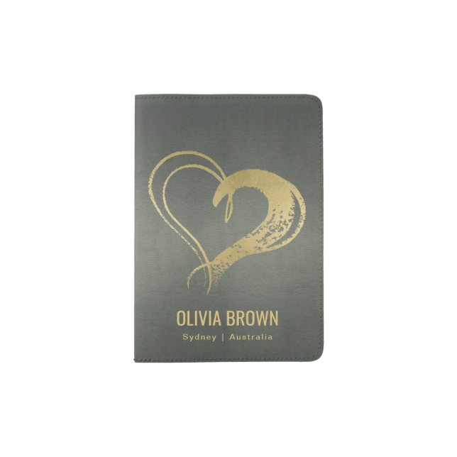 CHARCOAL GREY GOLD LOVE HEART LEATHER MONOGRAM PASSPORT HOLDER (Front)