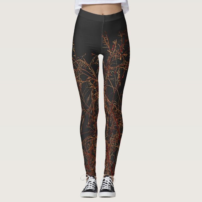 Charcoal Grey Golden Tree Brunches Sky Leggings (Front)