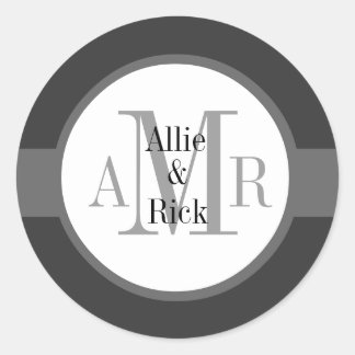 Charcoal Grey Gray Monograms Names Wedding Classic Round Sticker