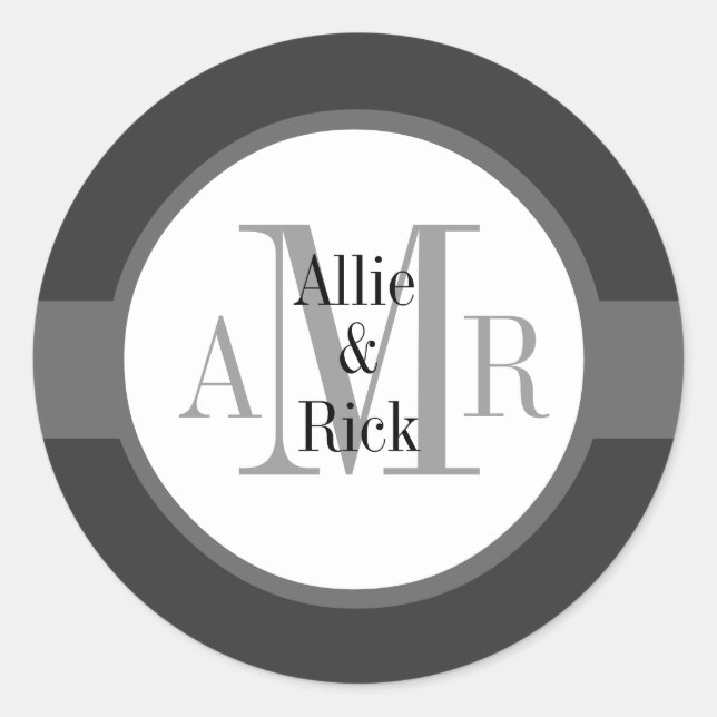 Charcoal Grey Gray Monograms Names Wedding Classic Round Sticker (Front)