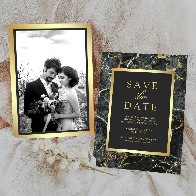 Charcoal Grey Marble Gold Photo Wedding Save The Date (Creator Uploaded)