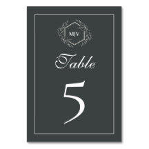 Charcoal Grey Monogram Crest Table Number Card