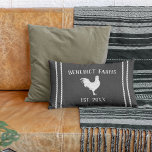 Charcoal Grey Personalized Farmhouse Rooster Lumbar Pillow<br><div class="desc">Rich charcoal gray throw pillow features your farm name or family name and year established in rustic white lettering,  with rope stripe accents. A chicken silhouette illustration completes the design for a farmhouse style look.</div>