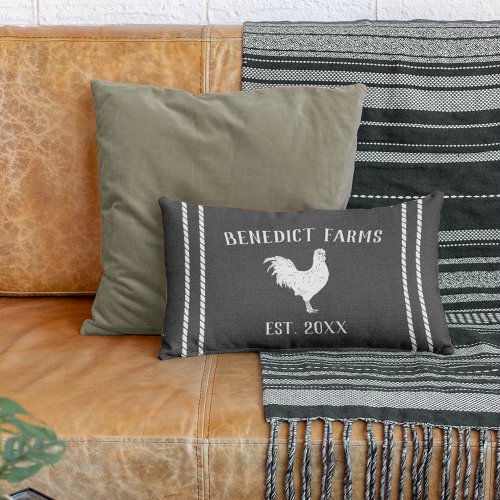 Charcoal Grey Personalized Farmhouse Rooster Lumbar Pillow