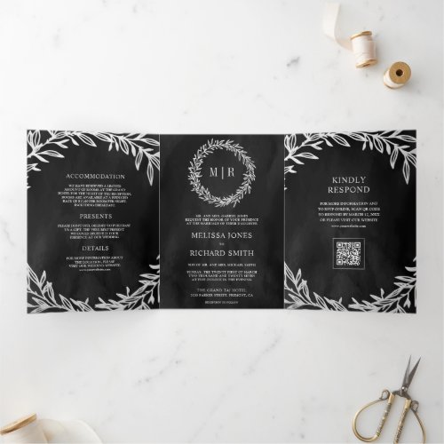 Charcoal Grey Silver Leaf Branch QR Code Wedding Tri-Fold Invitation