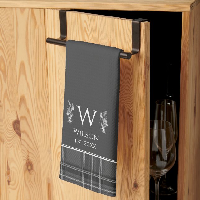 Charcoal Grey Tartan Plaid Custom Name Monogram Kitchen Towel (Thirds Fold)