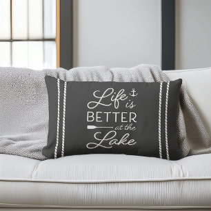 Charcoal Grey & White Life Is Better At The Lake Lumbar Pillow