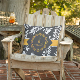 Charcoal Grey with Golden Accents and Monogram Outdoor Pillow