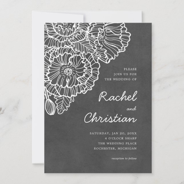 Charcoal grey with white lineart poppy flowers invitation (Front)