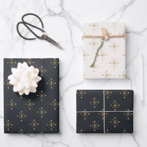 Charcoal Ivory  Gold Snow Star Christmas  Wrapping Paper Sheets